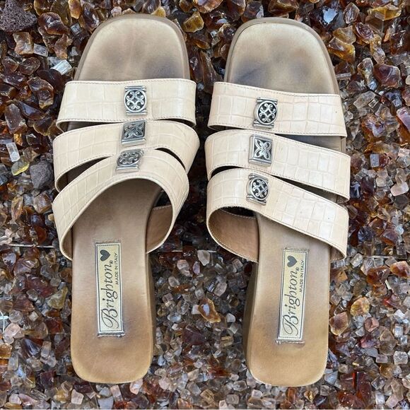 Brighton Brandy Cream/Beige/Nude Leather Croc Embossed 3 Strap Wedge Sandal 7.5 - Picture 3 of 8
